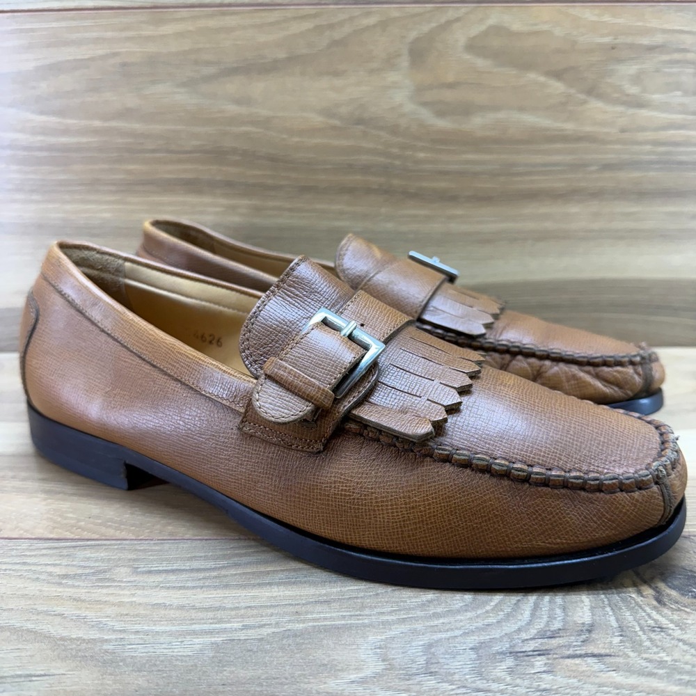 Bruno Magli Kiltie Buckle‎ Moc Toe Loafers Mens 9 M Cognac Leather Vibram Soles